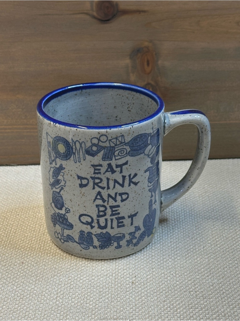 Vintage Otagiri Japan Eat Drink Be Quiet Mug Speckled Blue Stoneware Coffee Cup
